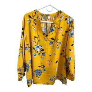 Old Navy Yellow Floral Peasant Blouse XL Split Neck Long Sleeve Boho Top